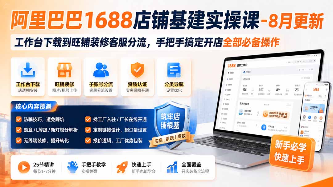 阿里巴巴1688店铺基建实操课-8月更新；工作台下载到旺铺装修客服分流，手把手搞定开店全部必备操作-HFXZHAN网创
