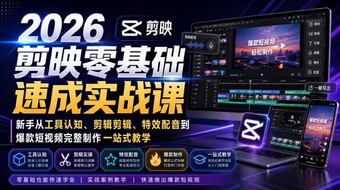 2026剪映零基础速成实战课｜新手从工具认知、剪辑剪辑、特效配音到爆款短视频完整制作一站式教学-HFXZHAN网创