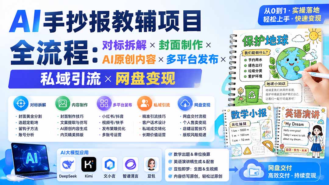 AI手抄报教辅项目全流程：对标拆解×封面制作×AI原创内容×多平台发布×私域引流×网盘变现-HFXZHAN网创