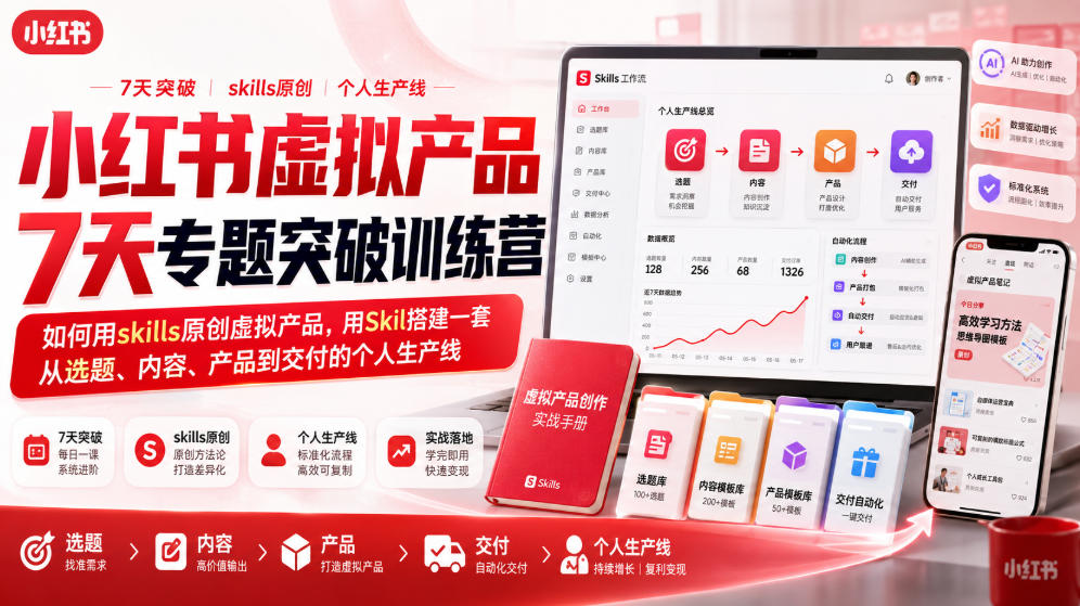 小红书虚拟产品7天专题突破训练营，如何用skills原创虚拟产品，用Skil搭建一套从选题、内容、产品到交付的个人生产线-HFXZHAN网创