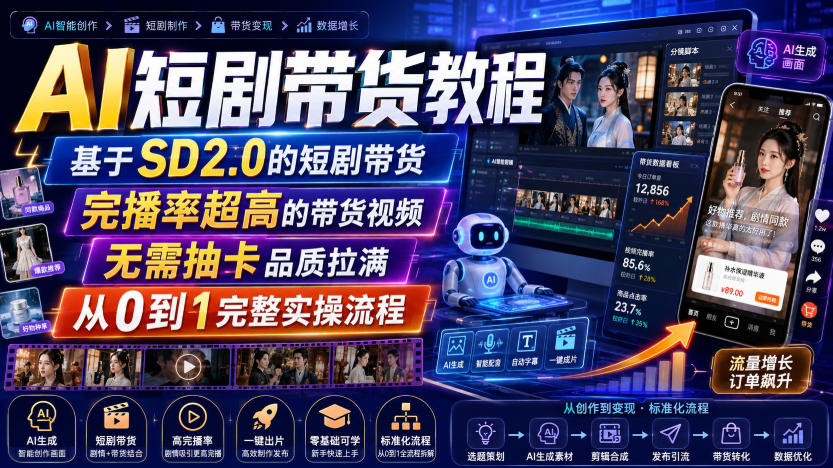 AI短剧带货教程，基于SD2.0的短剧带货，完播率超高的带货视频，无需抽卡品质拉满，从0到1完整实操流程-HFXZHAN网创