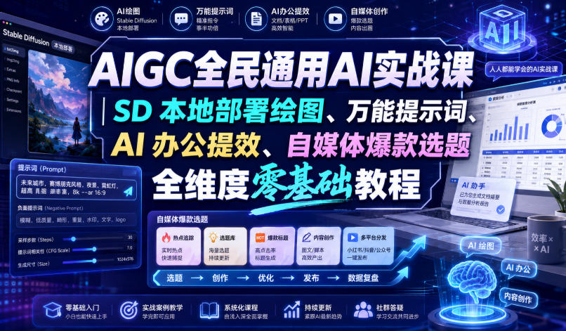 AIGC全民通用AI实战课｜SD本地部署绘图、万能提示词、AI办公提效、自媒体爆款选题全维度零基础教程-HFXZHAN网创