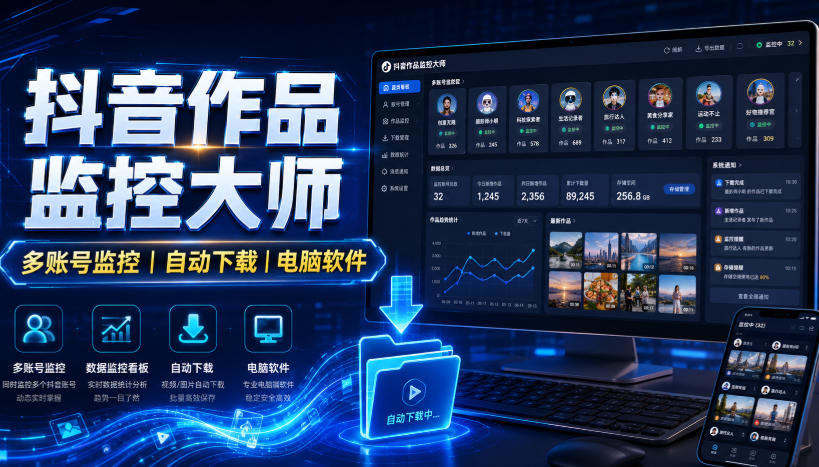 抖音作品监控大师，多账号监控丨自动下载丨电脑软件-HFXZHAN网创