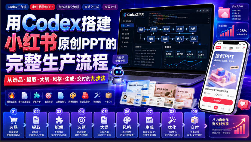 用Codex搭建小红书原创PPT的完整生产流程，从选品·提取·大纲·风格·生成·交付的九步法-HFXZHAN网创