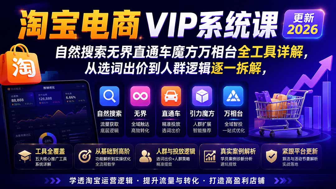 淘宝电商VIP系统课-更新8月；自然搜索无界直通车魔方万相台全工具详解，从选词出价到人群逻辑逐一拆解-HFXZHAN网创