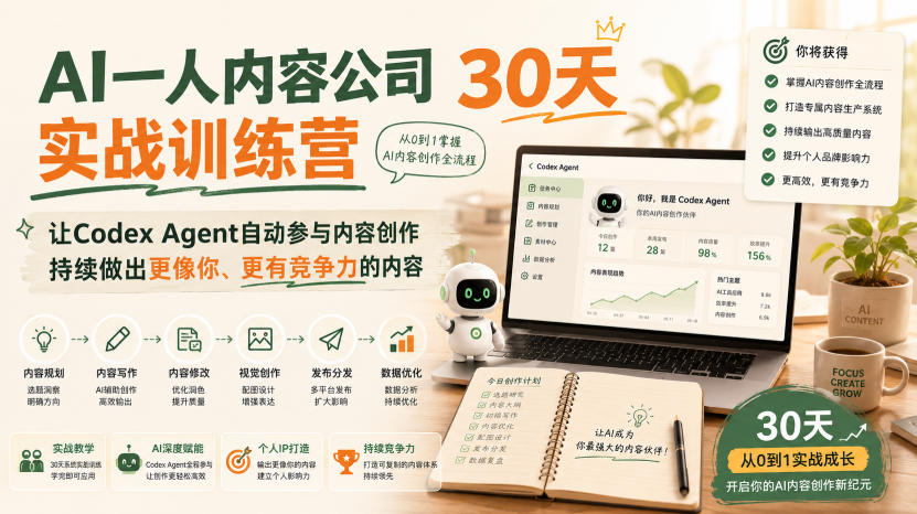 AI一人内容公司30天实战训练营，让Codex Agent自动参与内容创作持续做出更像你、更有竞争力的内容-HFXZHAN网创