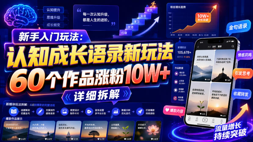 新手入门玩法：认知成长语录新玩法，60个作品涨粉10W+，详细拆解-HFXZHAN网创