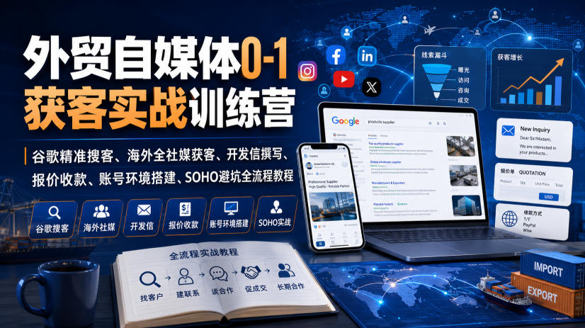 外贸自媒体0-1获客实战训练营｜谷歌精准搜客、海外全社媒获客、开发信撰写、报价收款、账号环境搭建、SOHO避坑全流程教程-HFXZHAN网创