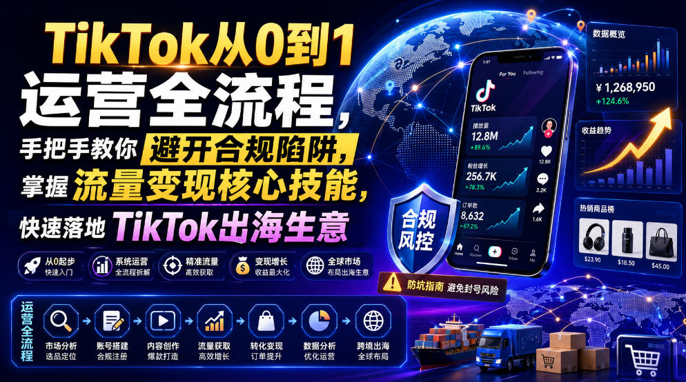 TikTok从0到1运营全流程，手把手教你避开合规陷阱，掌握流量变现核心技能，快速落地TikTok出海生意(更新8月)-HFXZHAN网创