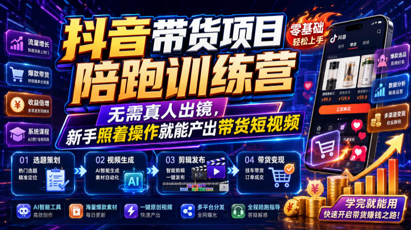 抖音带货项目陪跑训练营，无需真人出镜，新手照着操作就能产出带货短视频(更新0811)-HFXZHAN网创