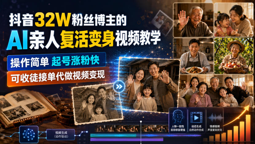 抖音32W粉丝博主的AI亲人复活变身视频教学，操作简单，起号涨粉快，可收徒接单代做视频变现-HFXZHAN网创