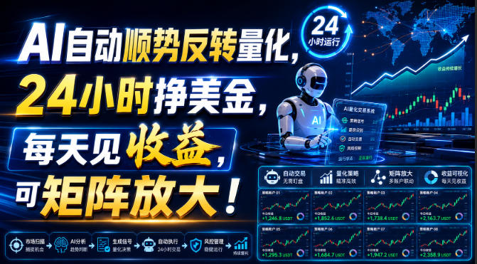 AI自动顺势反转量化，24小时挣美金，每天见收益，可矩阵放大！【揭秘】-HFXZHAN网创