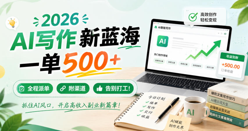 2026 AI写作新蓝海，一单500+，全程派单，附渠道，告别打工！【揭秘】-HFXZHAN网创