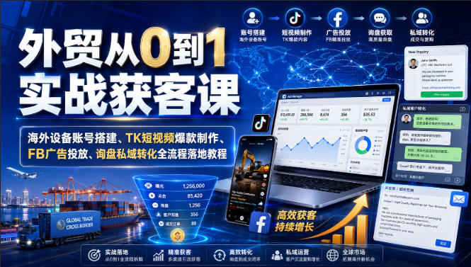 外贸从0到1实战获客课｜海外设备账号搭建、TK短视频爆款制作、FB广告投放、询盘私域转化全流程落地教程-HFXZHAN网创
