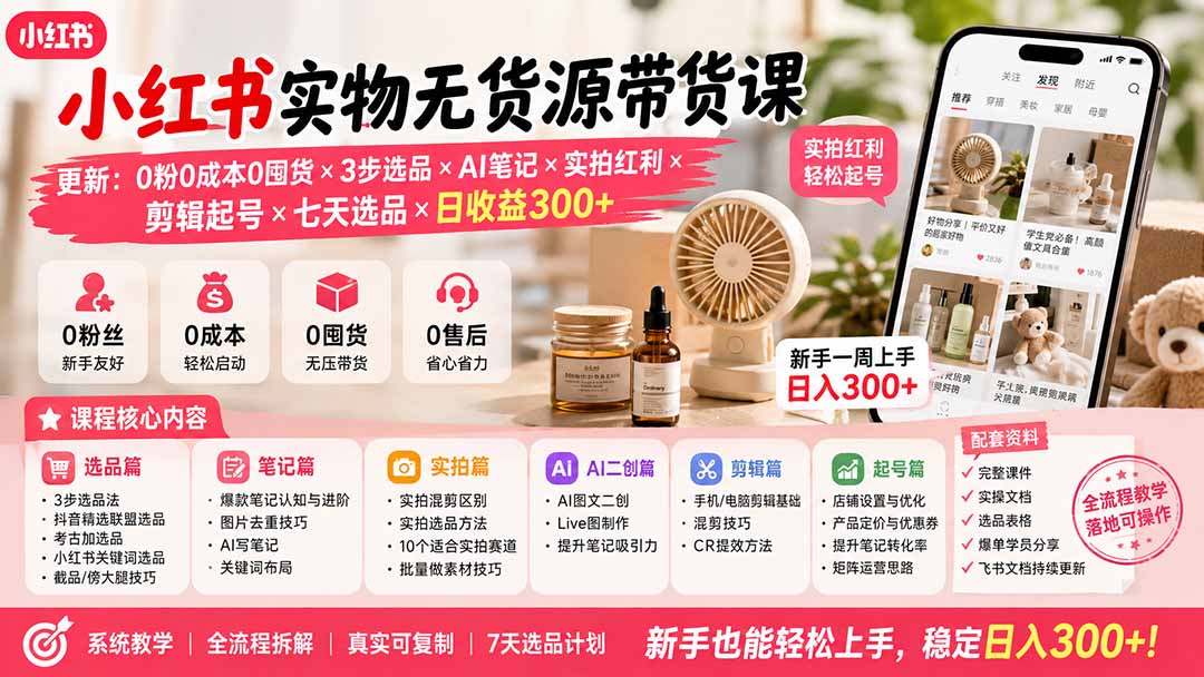 小红书实物无货源带货课-更新：0粉0成本0囤货×3步选品×AI笔记×实拍红利×剪辑起号×七天选品×日收益300+-HFXZHAN网创