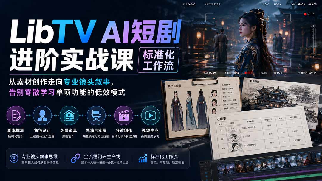 LibTV AI短剧进阶实操课标准化工作流；从素材创作走向专业镜头叙事，告别零散学习单项功能的低效模式-HFXZHAN网创