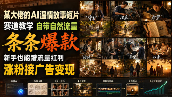 某大佬的AI温情故事短片赛道教学，自带自然流量，条条爆款，新手也能蹭流量红利，涨粉接广告变现-HFXZHAN网创