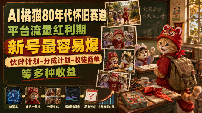 AI橘猫80年代怀旧赛道，平台流量红利期，新号最容易爆，伙伴计划-分成计划-收徒商单等多种收益-HFXZHAN网创