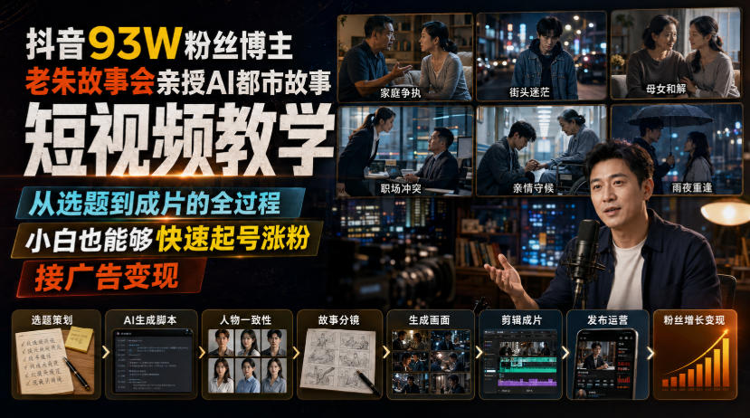 抖音93W粉丝博主老朱故事会亲授AI都市故事短视频教学，从选题到成片的全过程，小白也能够快速起号涨粉接广告变现-HFXZHAN网创