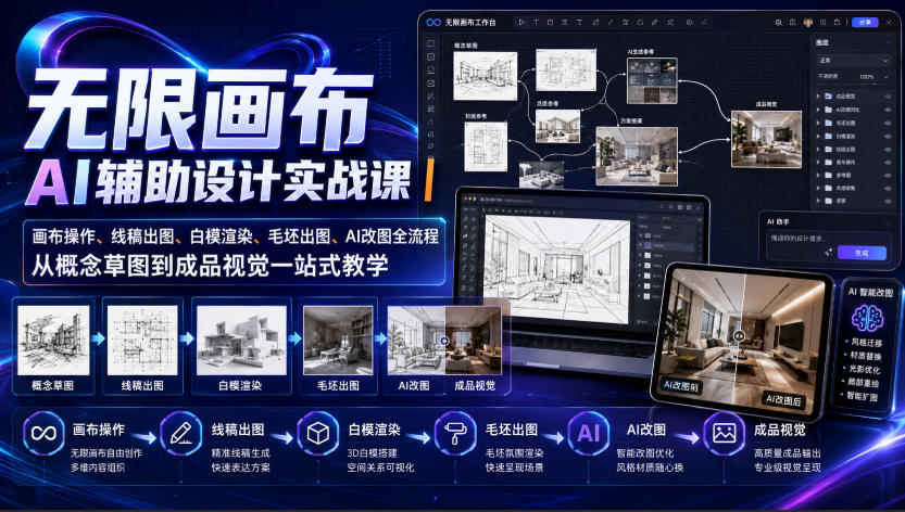 无限画布AI辅助设计实战课｜画布操作、线稿出图、白模渲染、毛坯出图、AI改图全流程，从概念草图到成品视觉一站式教学-HFXZHAN网创