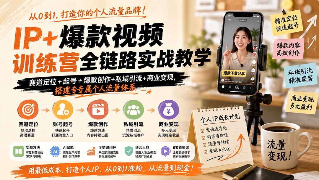 IP+爆款视频训练营全链路实战教学；赛道定位+起号+爆款创作+私域引流+商业变现，搭建专属个人流量体系-HFXZHAN网创