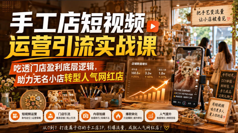 手工店短视频运营引流实战课，吃透门店盈利底层逻辑，助力无名小店转型人气网红店-HFXZHAN网创