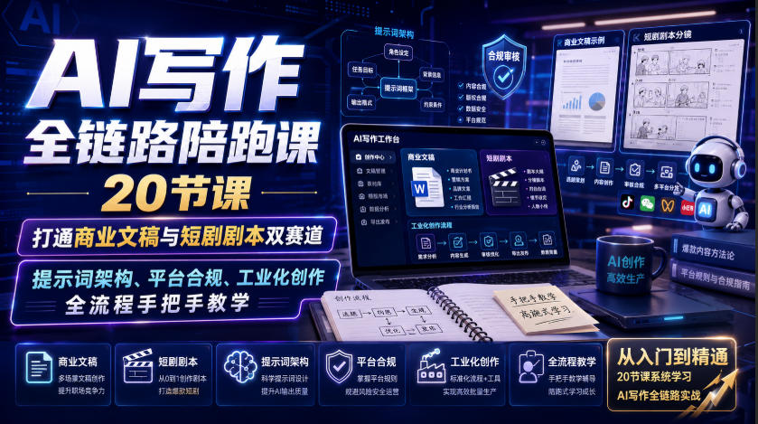 AI写作全链路陪跑课｜20节课打通商业文稿与短剧剧本双赛道，提示词架构、平台合规、工业化创作全流程手把手教学-HFXZHAN网创