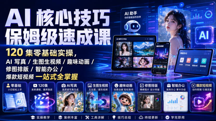 AI核心技巧保姆级速成课｜120集零基础实操，AI写真/生图生视频/趣味动画/修图排版/智能办公/爆款短视频一站式全掌握-HFXZHAN网创
