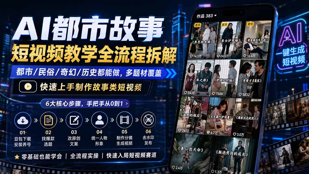 AI都市故事短视频教学全流程拆解；都市/民俗/奇幻/历史都能做多题材覆盖，快速上手制作故事类短视频-HFXZHAN网创