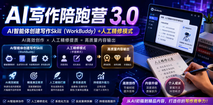 AI写作陪跑营3.0,Ai智能体创建写作skill(workbuddy)+人工手写模式(手搓模式),去除AI痕迹(头条号、公众号、百家号)(更新0814)