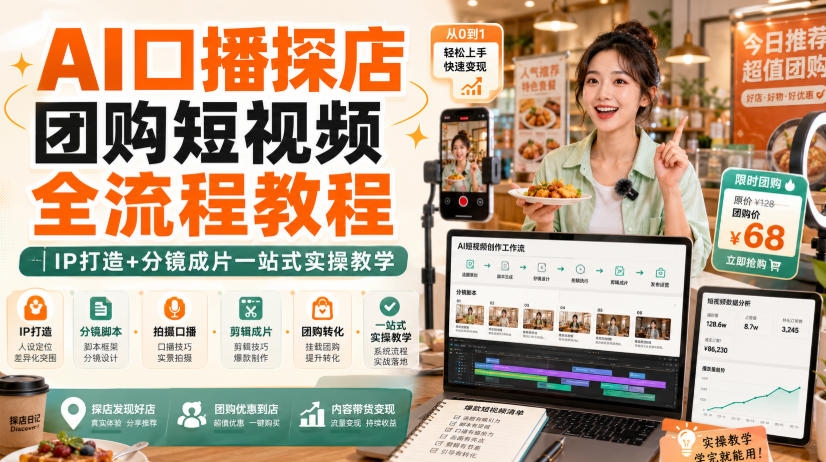 AI口播探店团购短视频全流程教程|IP打造+分镜成片一站式实操教学