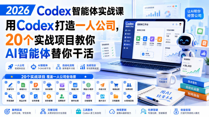 2026 Codex智能体实战课，用Codex打造一人公司，20个实战项目教你AI智能体替你干活-HFXZHAN网创