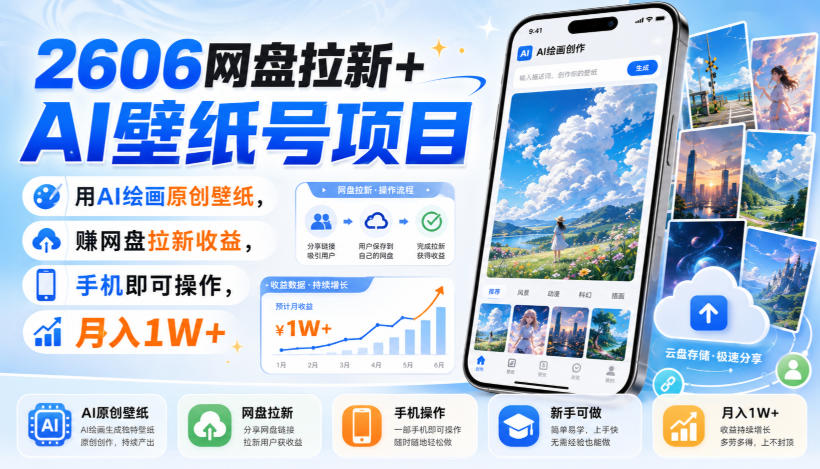 2606网盘拉新+AI壁纸号项目，用AI绘画原创壁纸，賺网盘拉新收益，手机即可操作，月入1W+-HFXZHAN网创