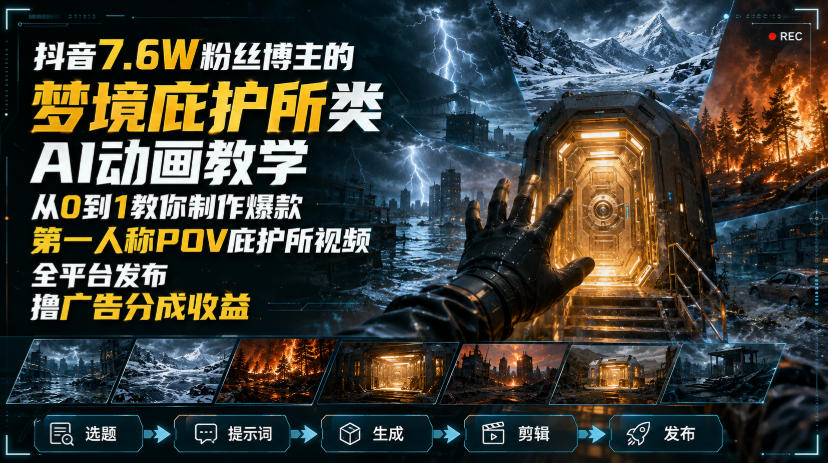 抖音7.6W粉丝博主的梦境庇护所类AI动画教学，从0到1教你制作爆款第一人称POV庇护所视频，全平台发布撸广告分成收益-HFXZHAN网创