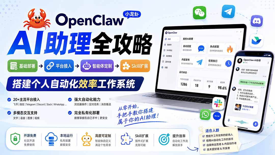 OpenClaw小龙虾 AI助理全攻略：基础部署→平台接入→智能体定制→Skill扩展，搭建个人自动化效率工作系统-HFXZHAN网创