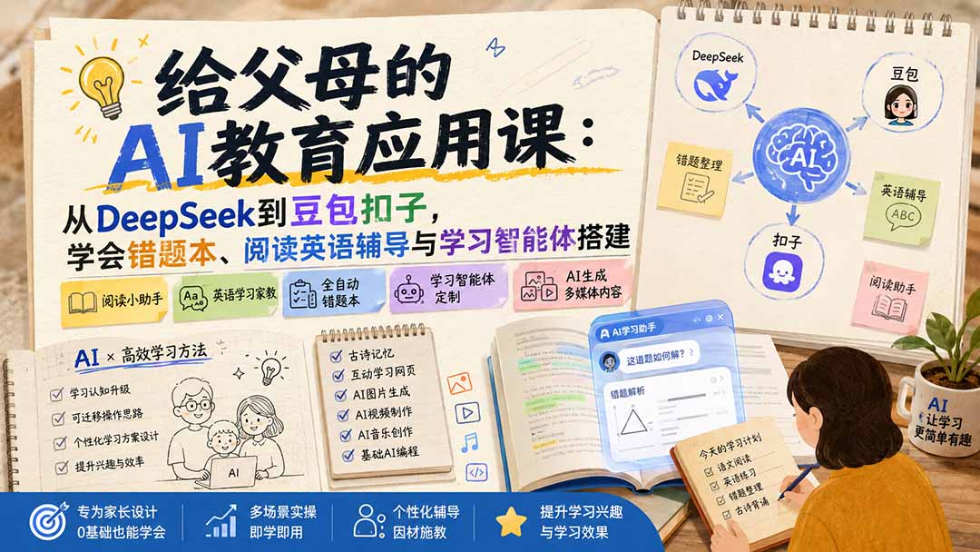 给父母的AI教育应用课：从DeepSeek到豆包扣子，学会错题本、阅读英语辅导与学习智能体搭建-HFXZHAN网创
