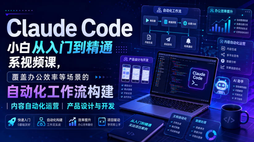 Claude Code小白从入门到精通系视频课，覆盖办公效率等场景的自动化工作流构建|内容自动化运营|产品设计与开发-HFXZHAN网创