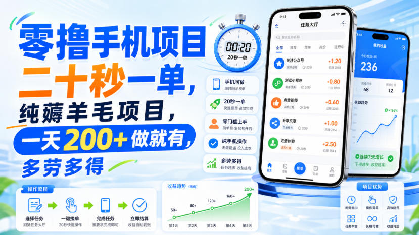 零撸手机项目，二十秒一单，纯薅羊毛项目，一天200+做就有，多劳多得【揭秘】-HFXZHAN网创