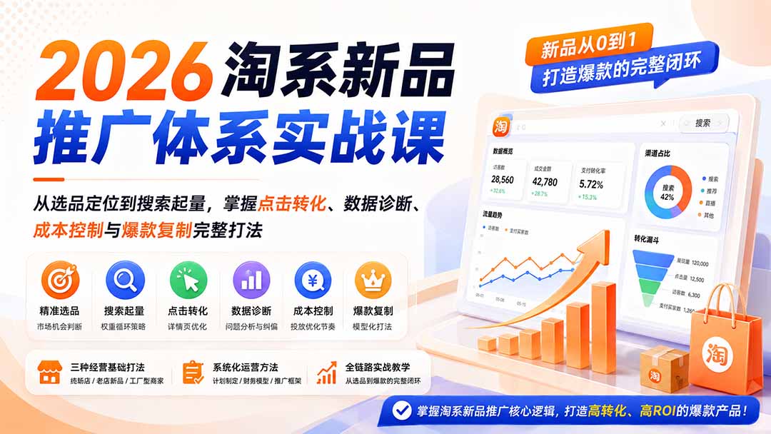 2026淘系新品推广体系实战课：从选品定位到搜索起量，掌握点击转化、数据诊断、成本控制与爆款复制完整打法-HFXZHAN网创