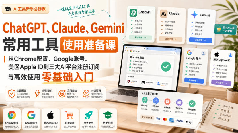 ChatGPT、Claude、Gemini常用工具使用准备课｜从Chrome配置、Google账号、美区Apple ID到三大AI平台注册订阅与高效使用零基础入门-HFXZHAN网创