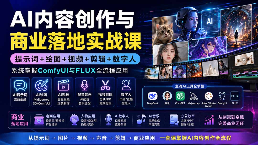 AI内容创作与商业落地实战课：提示词+绘图+视频+剪辑+数字人，系统掌握ComfyUI与FLUX全流程应用-HFXZHAN网创