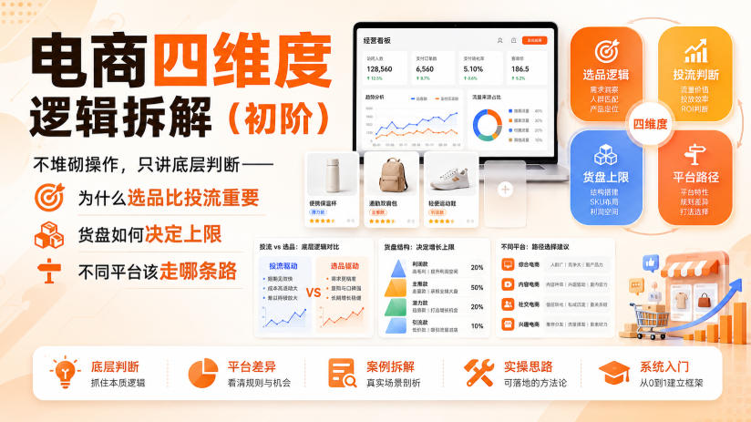 电商四维度逻辑拆解(初阶)不堆砌操作，只讲底层判断——为什么选品比投流重要、货盘如何决定上限、不同平台该走哪条路-HFXZHAN网创