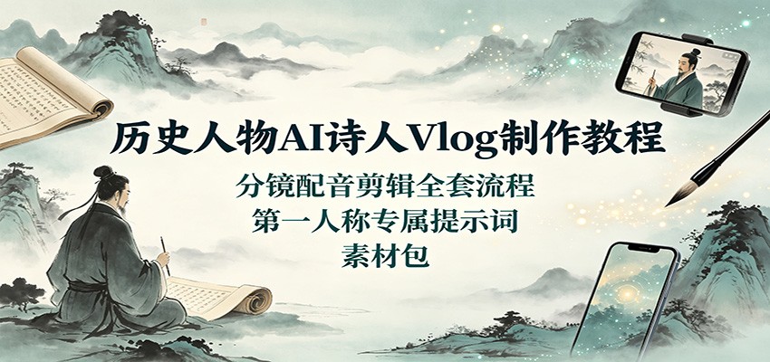 历史人物AI诗人Vlog制作教程：分镜配音剪辑全套流程，第一人称专属提示词素材包-HFXZHAN网创