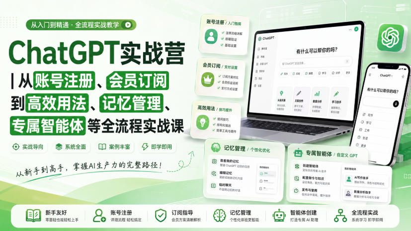 ChatGPT实战营｜从账号注册、会员订阅到高效用法、记忆管理、专属智能体等全流程实战课-HFXZHAN网创