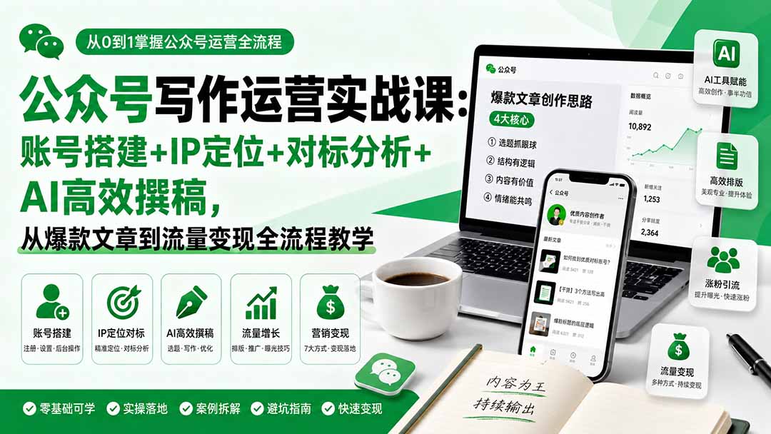 公众号写作运营实战课：账号搭建+IP定位+对标分析+AI高效撰稿，从爆款文章到流量变现全流程教学-HFXZHAN网创