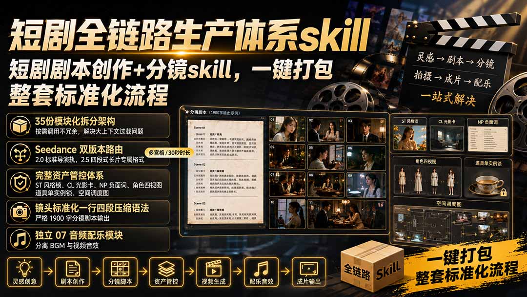 短剧全链路生产体系skill，短剧剧本创作+分镜skill，一键打包，整套标准化流程-HFXZHAN网创