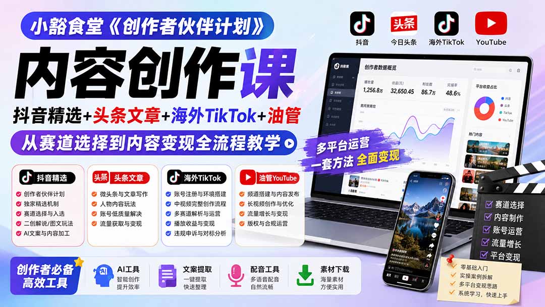小豁食堂《创作者伙伴计划》内容创作课：抖音精选+头条文章+海外TikTok+油管，从赛道选择到内容变现全流程教学-HFXZHAN网创