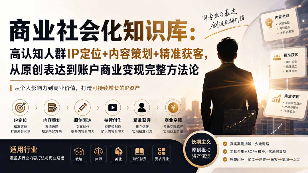 商业社会化知识库：高认知人群IP定位+内容策划+精准获客，从原创表达到账户商业变现完整方法论-HFXZHAN网创