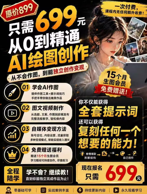 抖音10W粉丝博主的AI绘图教学，从0到精通AI绘图创作，从不会作图到能独立创作变现-HFXZHAN网创