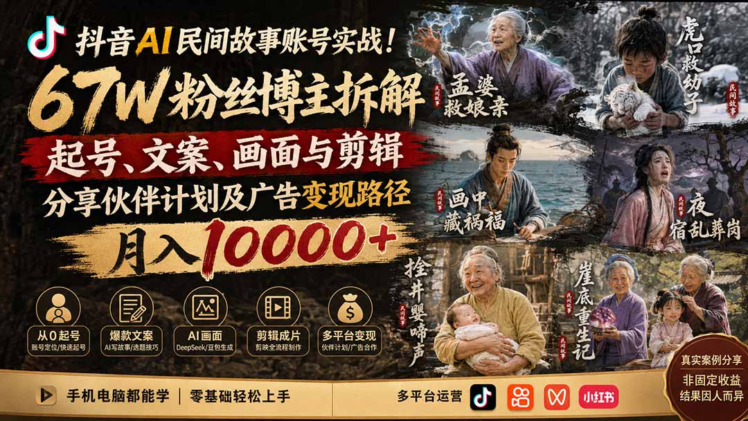 抖音AI民间故事账号实战！67W粉丝博主拆解起号、文案、画面与剪辑，分享伙伴计划及广告变现路径，月入10000+-HFXZHAN网创